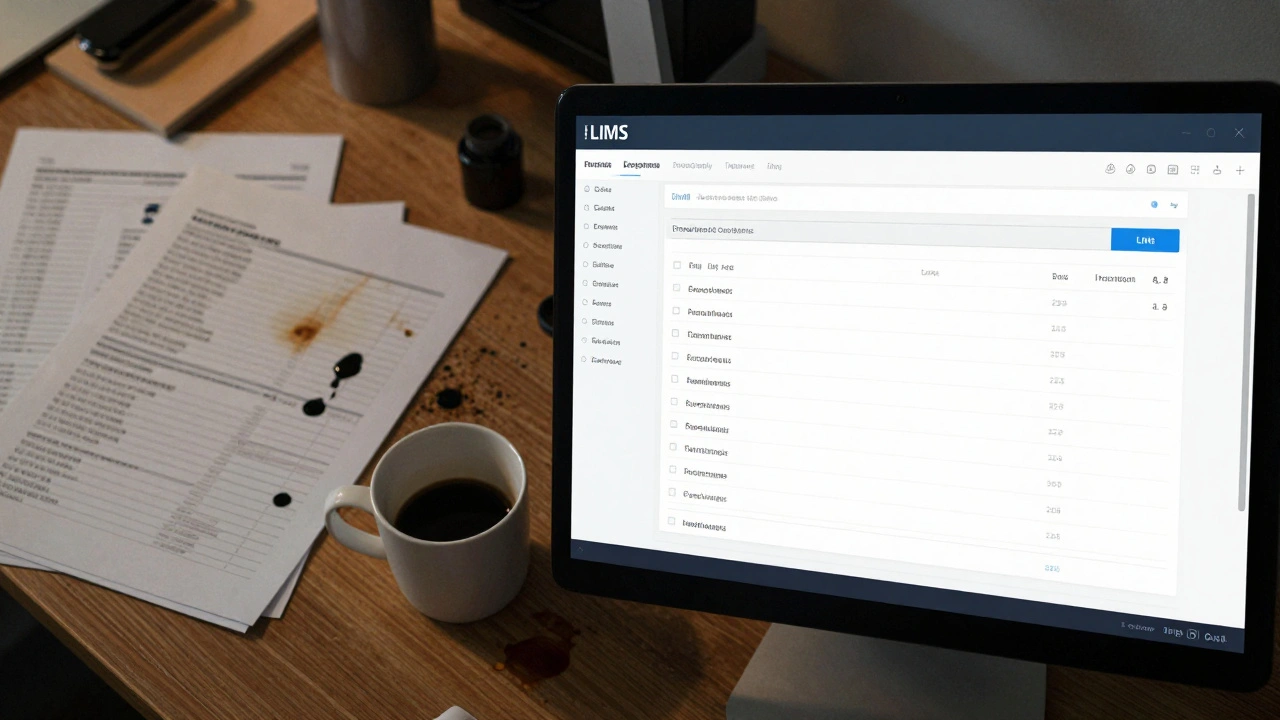 Contrast between messy paper records and clean digital LIMS interface in a lab setting.