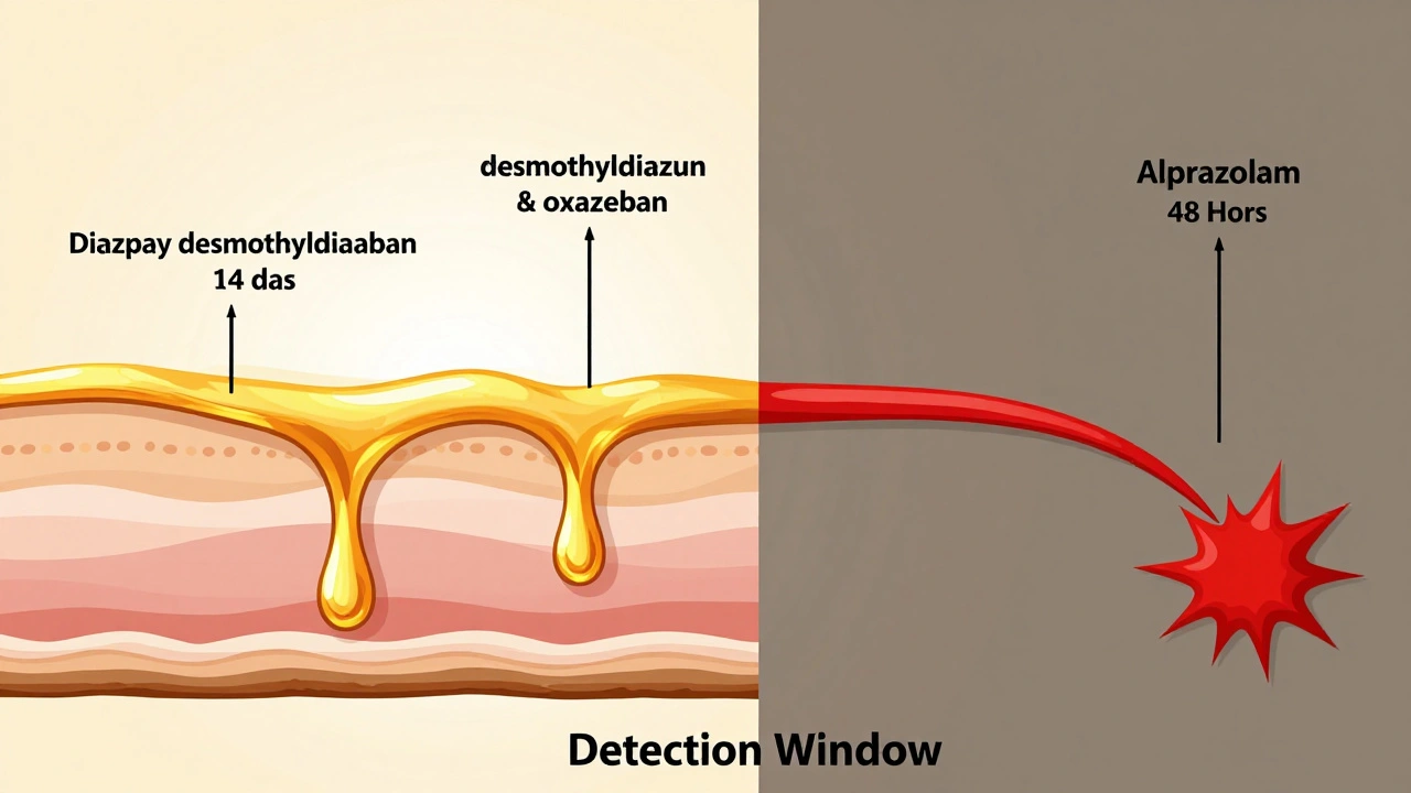 Contrasting pathways of long-acting and short-acting benzodiazepines with detection timelines, one slow-dripping, one rapidly fading.