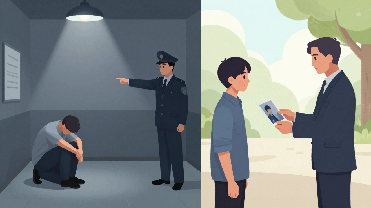 Contrasting scenes: one showing a harsh interrogation, the other a compassionate evidence-based interview.