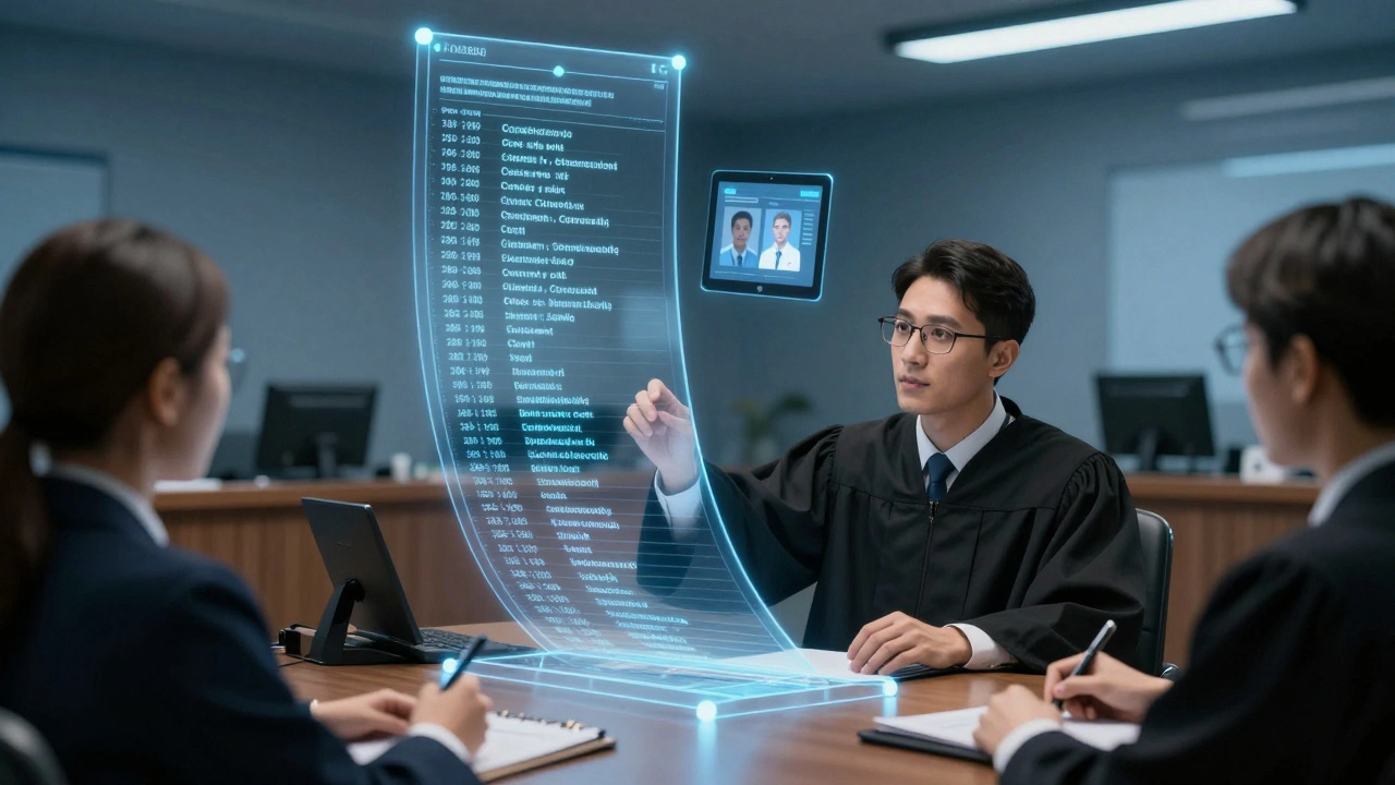 Courtroom scene with a holographic blockchain audit trail displaying timestamped entries of a surgical consent form.