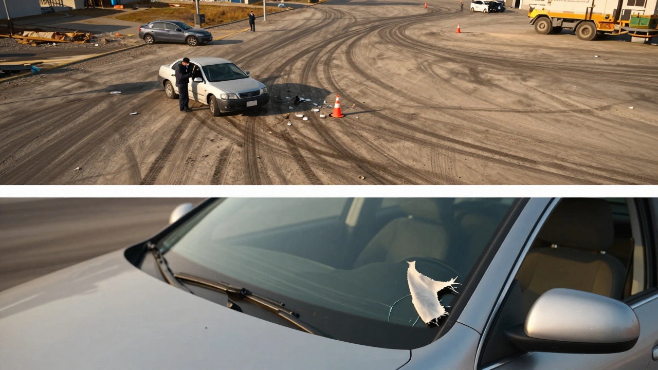 Crime scene technician photographing vehicle crash debris in three tiers before placing any evidence markers.