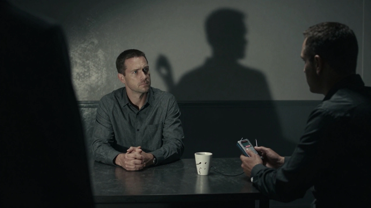 Defendant sitting calmly in an interrogation room as a shadowy officer looms nearby with a recording device.