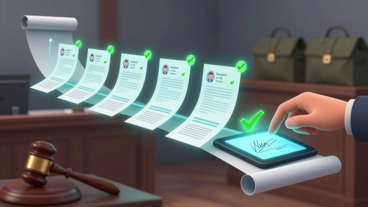 Digital audit trail scroll displaying forensic report revisions with approval signatures and timestamps.
