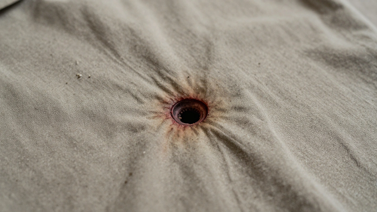 Distant gunshot wound with abrasion collar and pellet pattern on clothing.