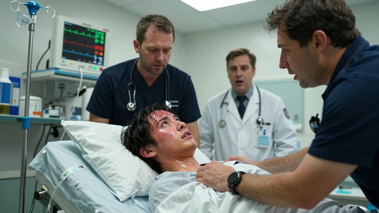 Emergency medical team treating a patient with extreme hyperthermia from synthetic drug overdose.