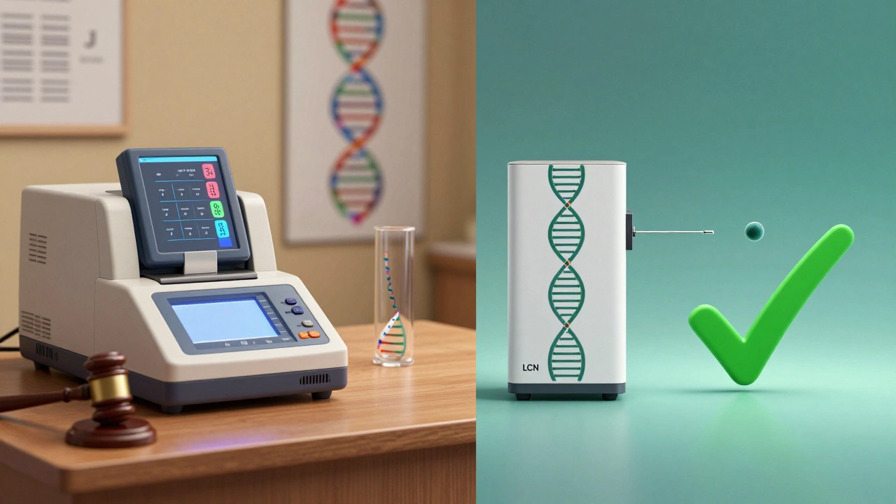 Evolution of DNA analysis: outdated LCN method on left, modern sequencing technology on right.