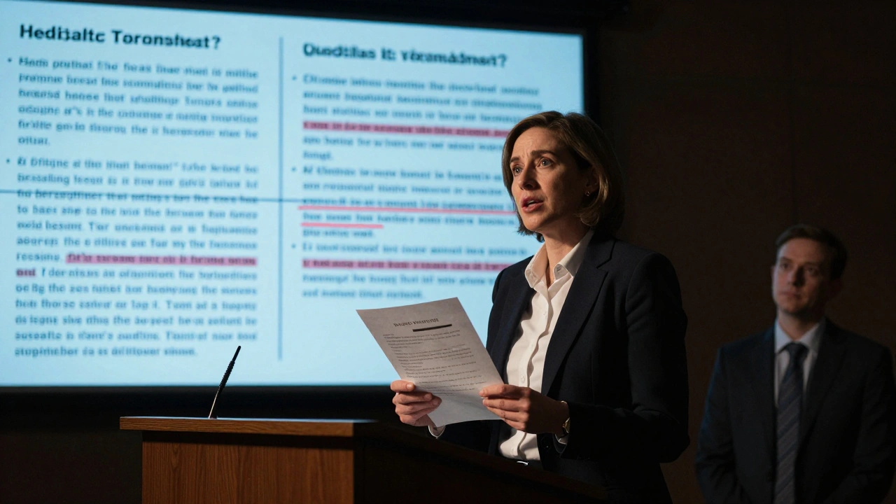 Expert witness at a podium with a screen showing conflicting deposition and report text.