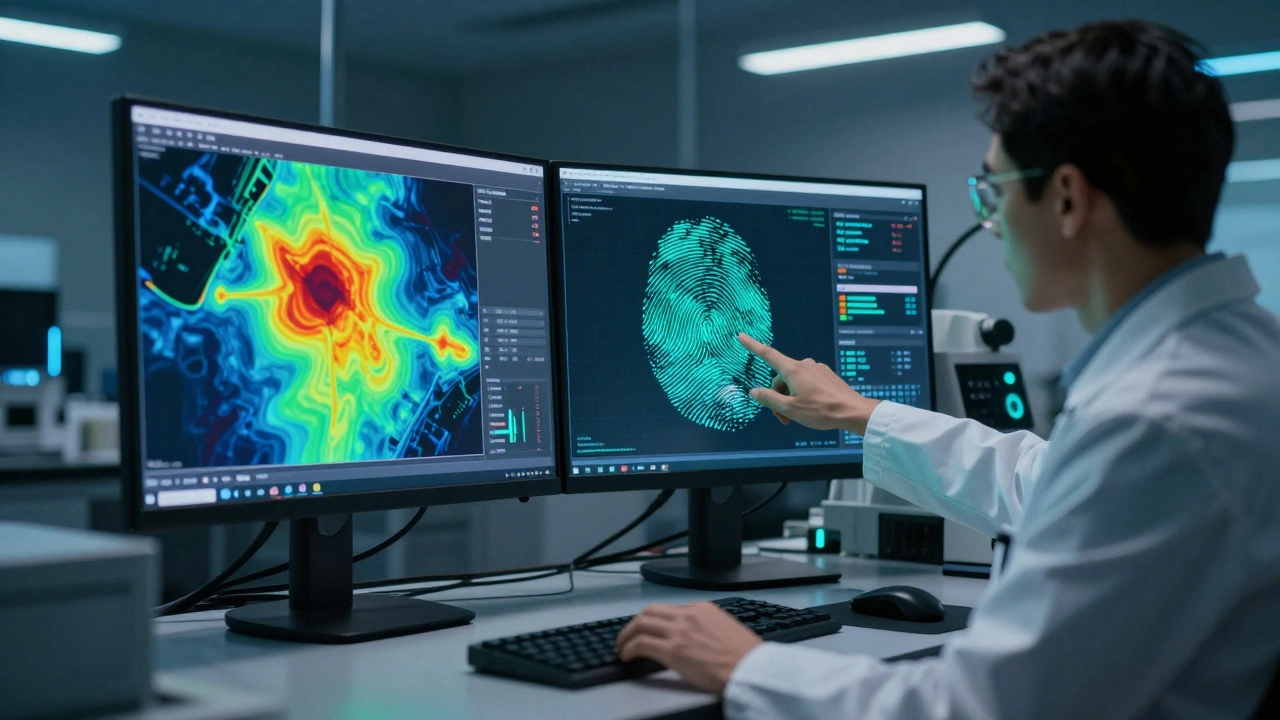 Forensic analyst reviewing AI-generated bloodstain and fingerprint analysis on a screen.