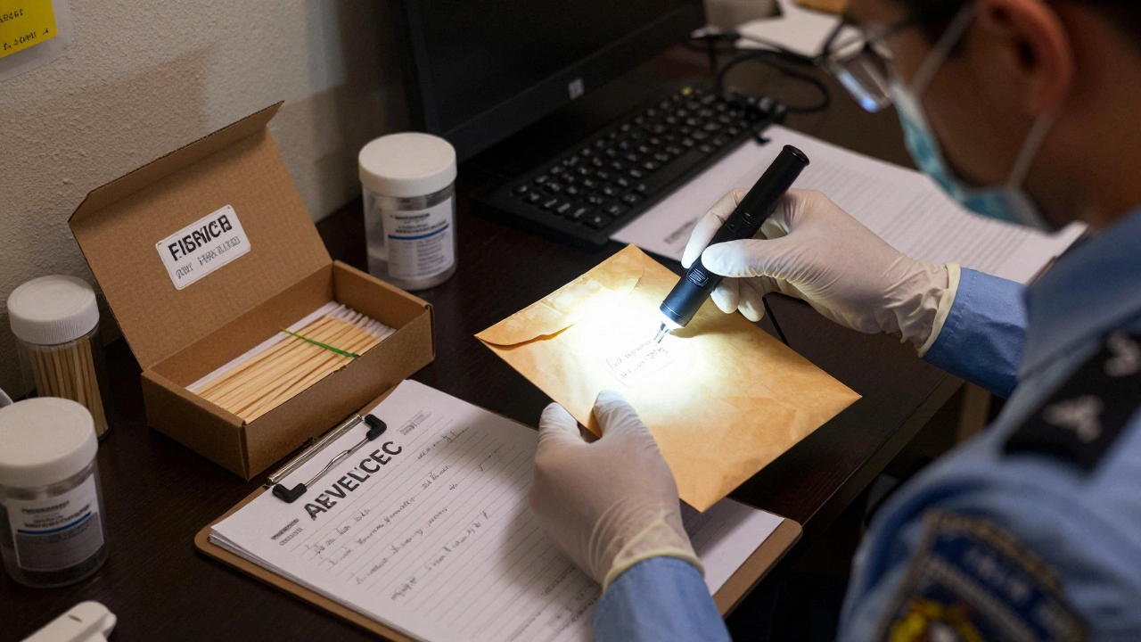 Forensic officer sealing biological evidence in paper envelope using UV light.