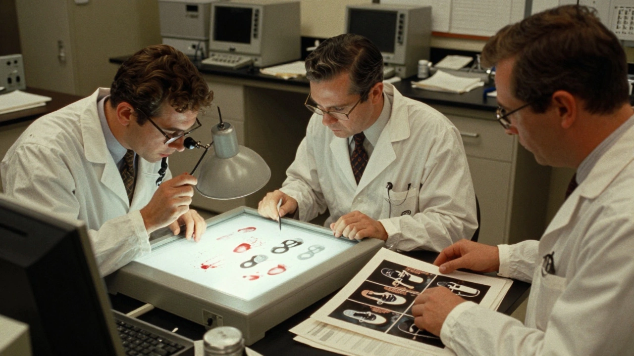 Forensic professionals analyzing bloodstains, footwear impressions, and photographs in a lab.