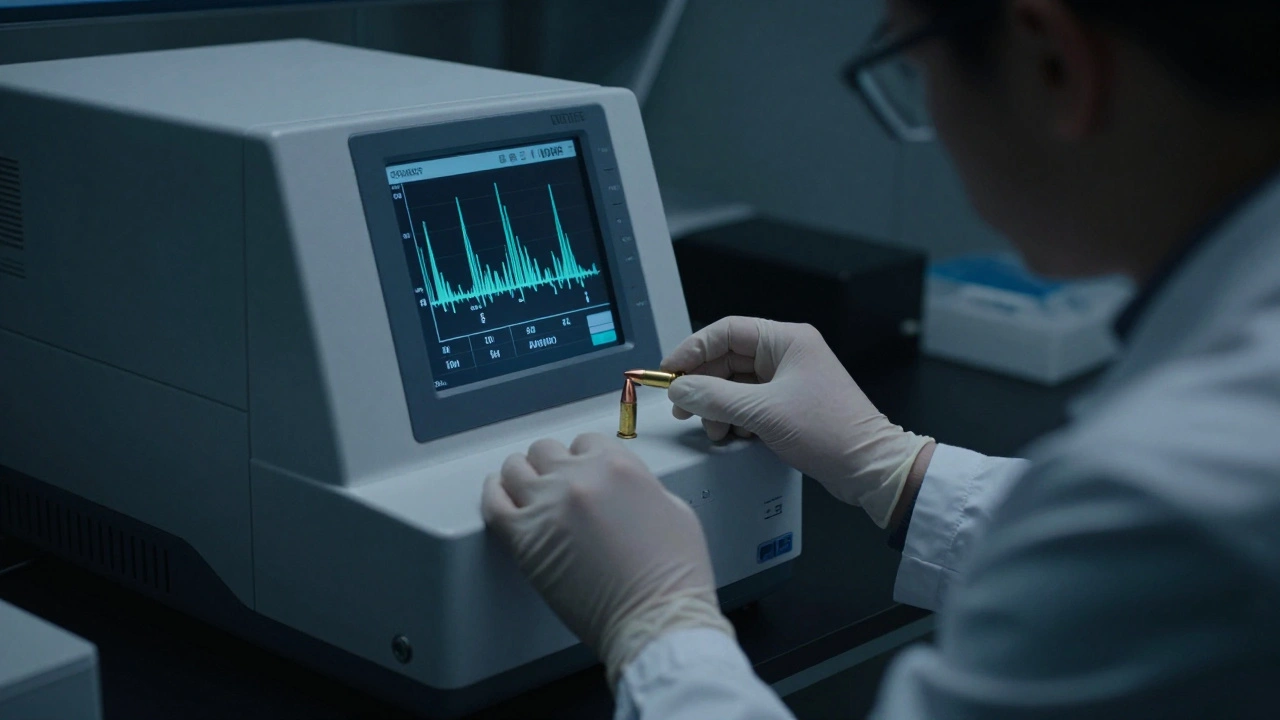 Forensic scientist analyzing a bullet's chemical composition using a WDXRF spectrometer.