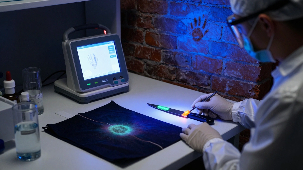 Forensic team using ALS to detect multiple types of evidence in a darkened lab.