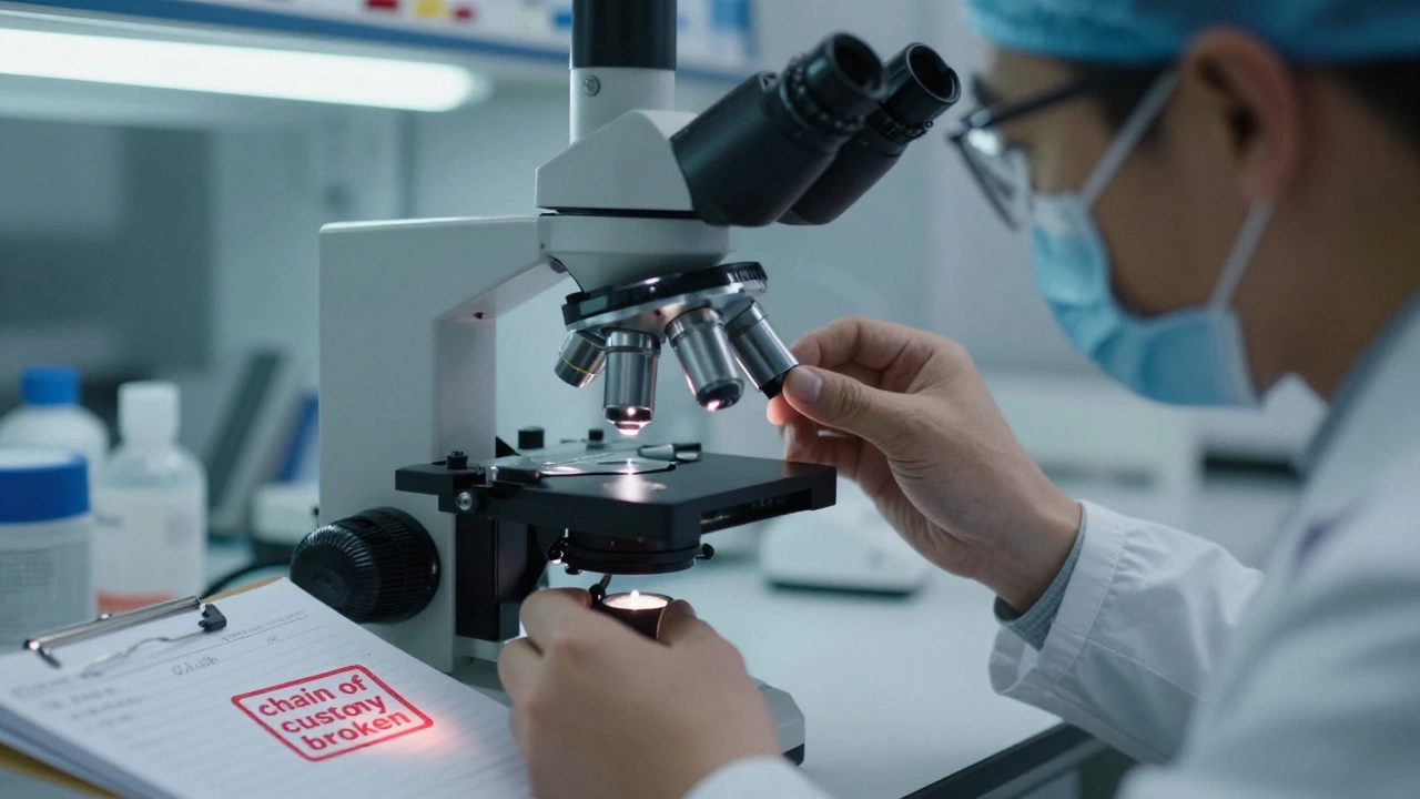 Forensic technician examining a degraded blood sample with a broken chain of custody stamp visible.