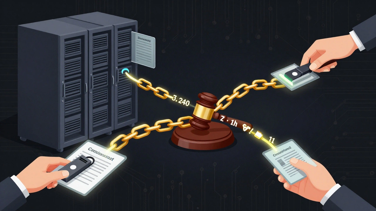 Golden chain connecting server hardware to a gavel, symbolizing digital evidence custody.