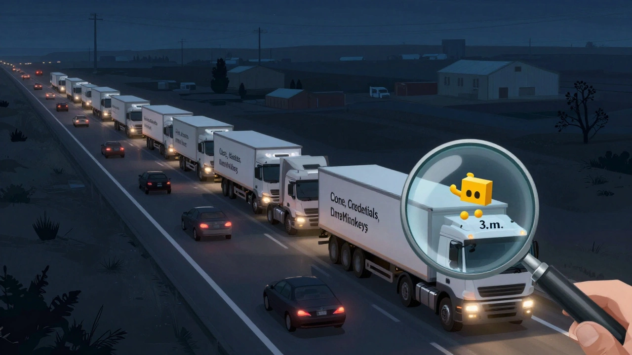 Highway at night with trucks representing data exfiltration leaving a warehouse during unusual hours.