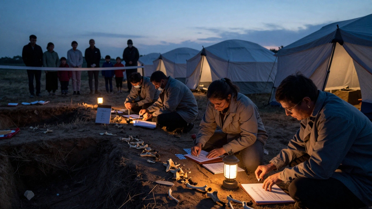 International forensic team collecting DNA samples from a mass grave at dusk, families waiting nearby.