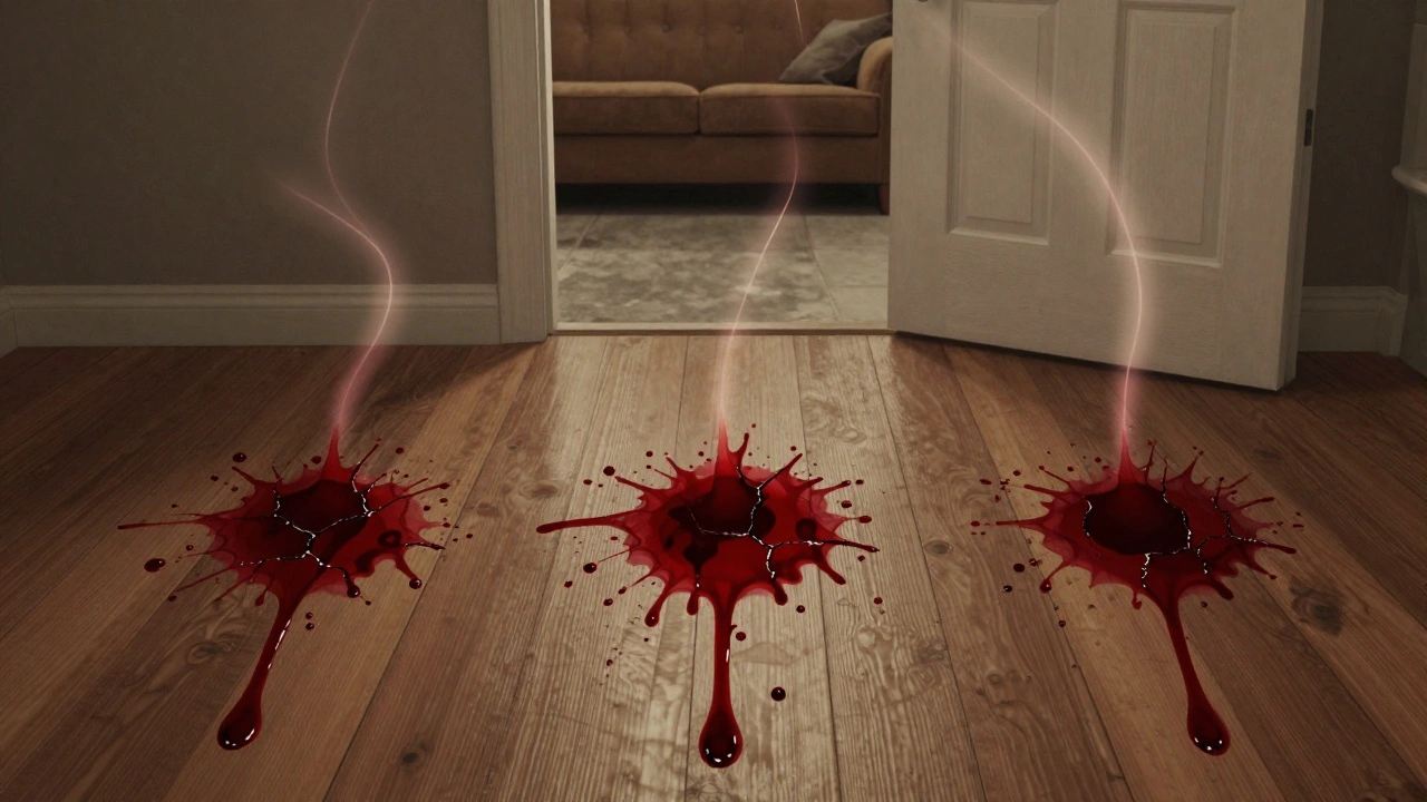Layered bloodstains on a floor showing drying states, forming a trail from doorway to couch to bathroom.
