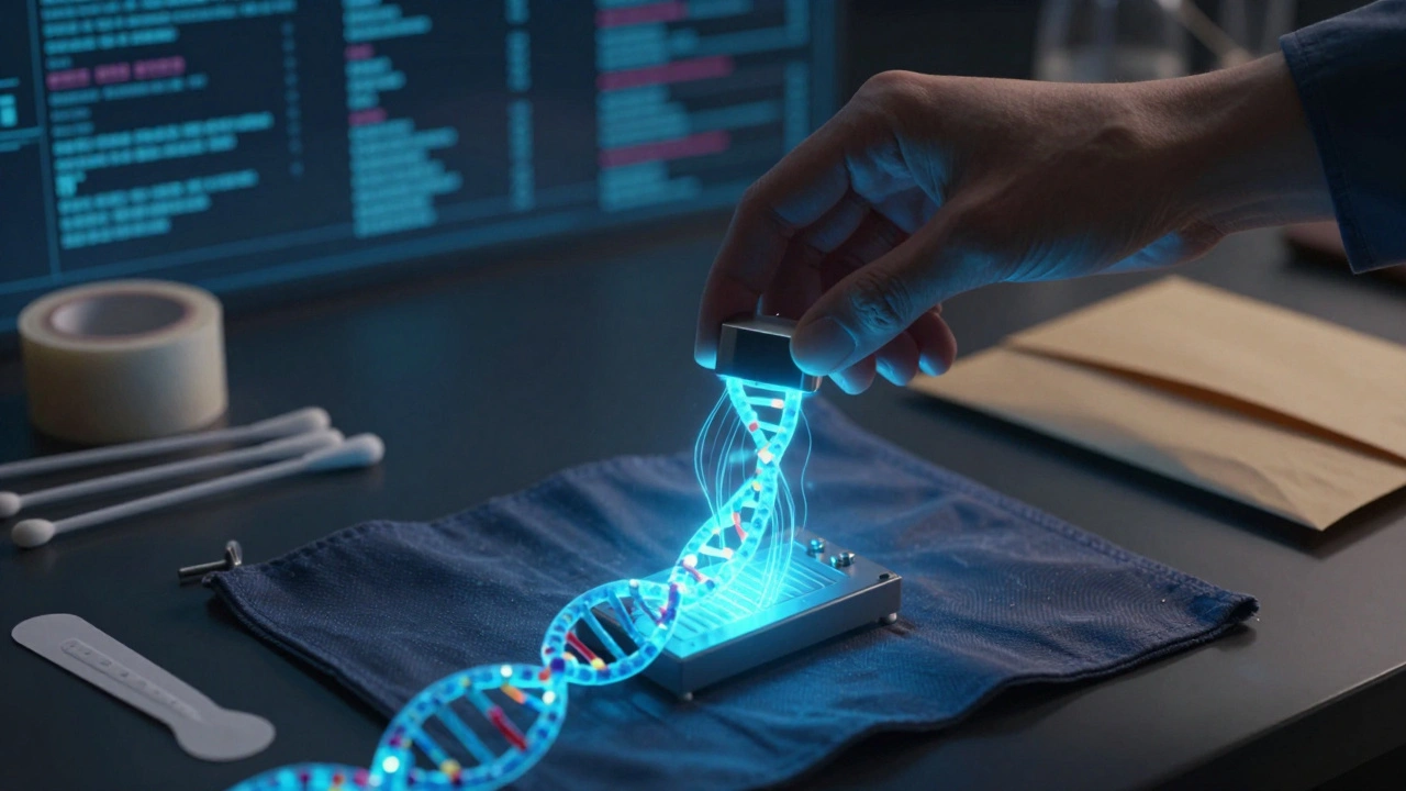 Microfluidic device collecting invisible DNA strands from fabric surface.
