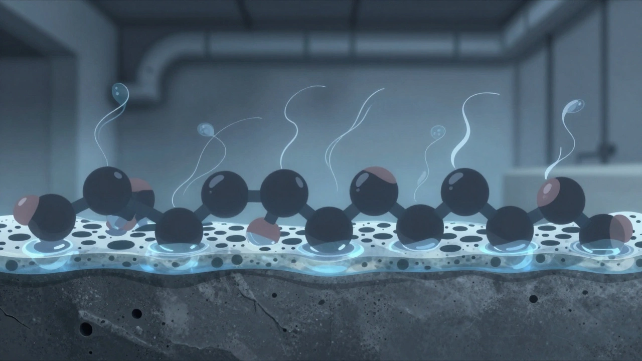 Molecular view of odor molecules trapped in porous sealant while vapor passes through.