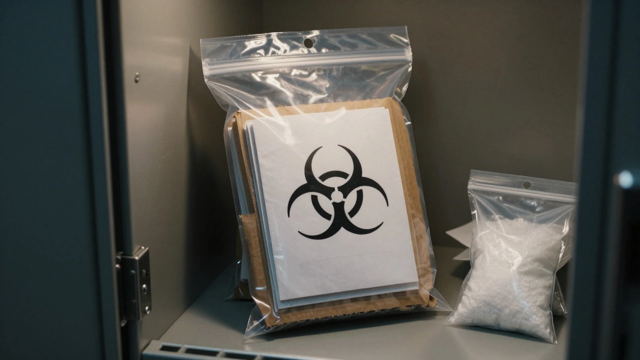 Multiple latent print cards stored in a sealed evidence bag with biohazard label and cardboard separators.