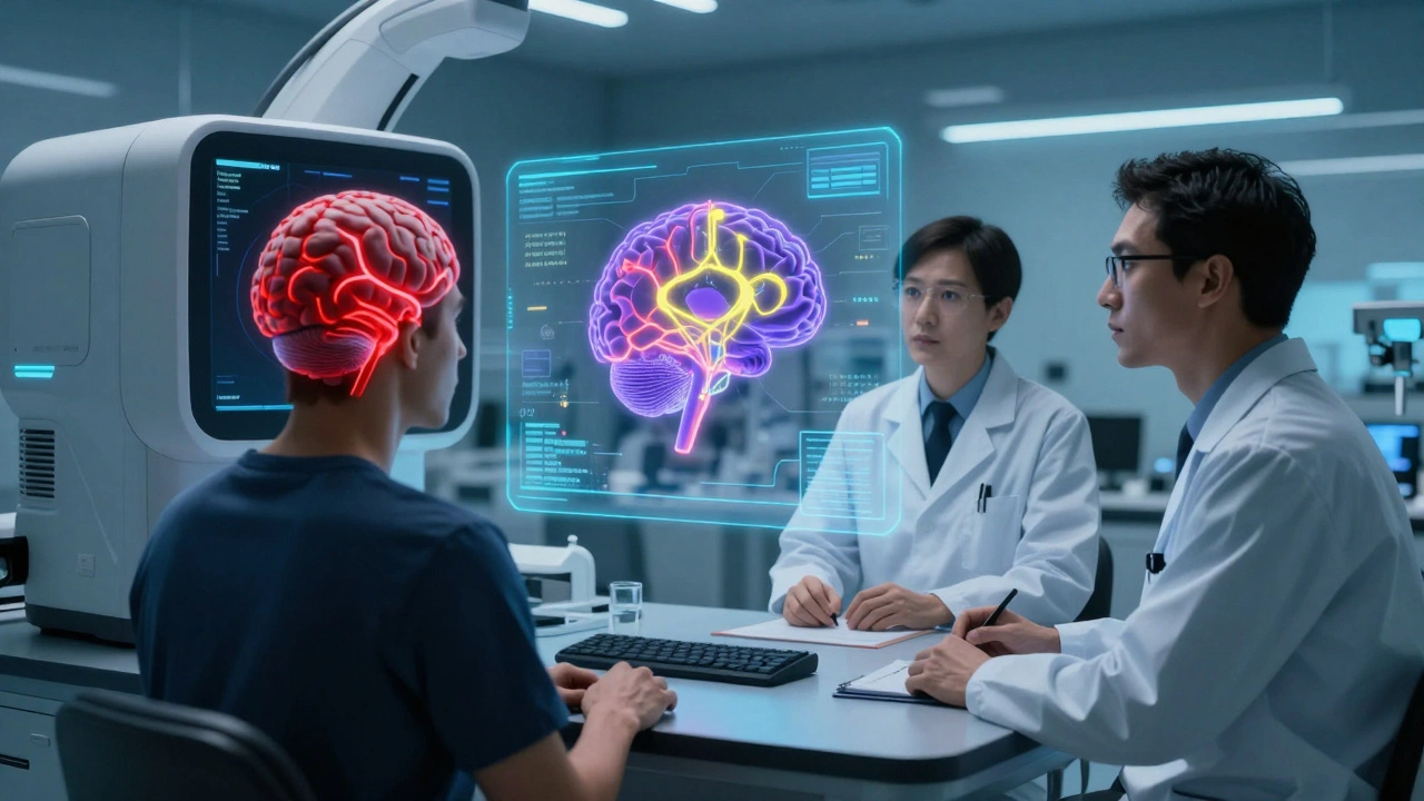 Neuroscientist observing a holographic brain scan displaying motive-related neural activity patterns.