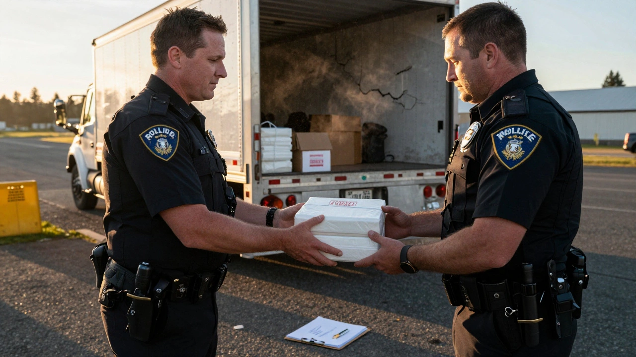 Officer handing evidence at border, missing signature on clipboard, truck with cracked seal in background.