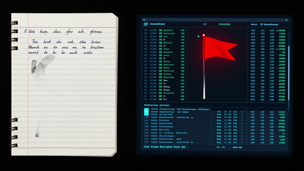 Paper logbook vs digital blockchain system, red warning flag on digital panel.