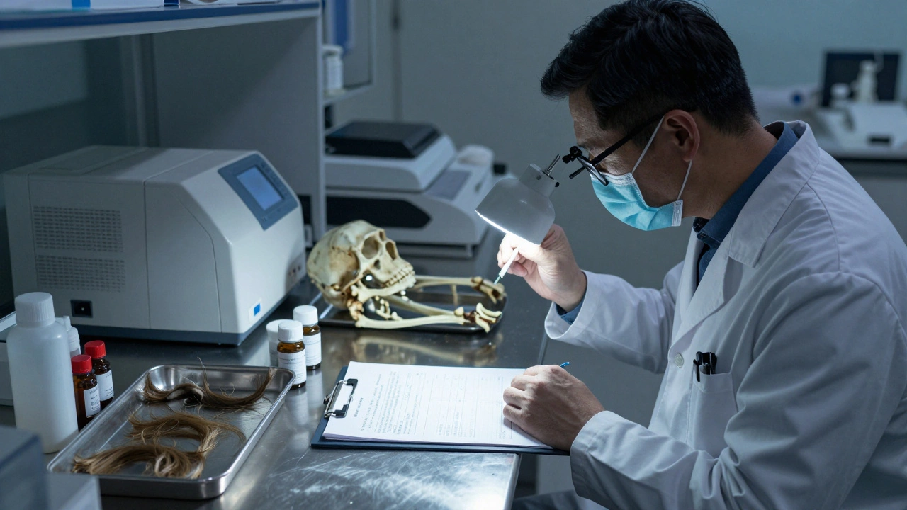 Pathologist examining skeletal remains under a lamp, comparing them to an old autopsy report.