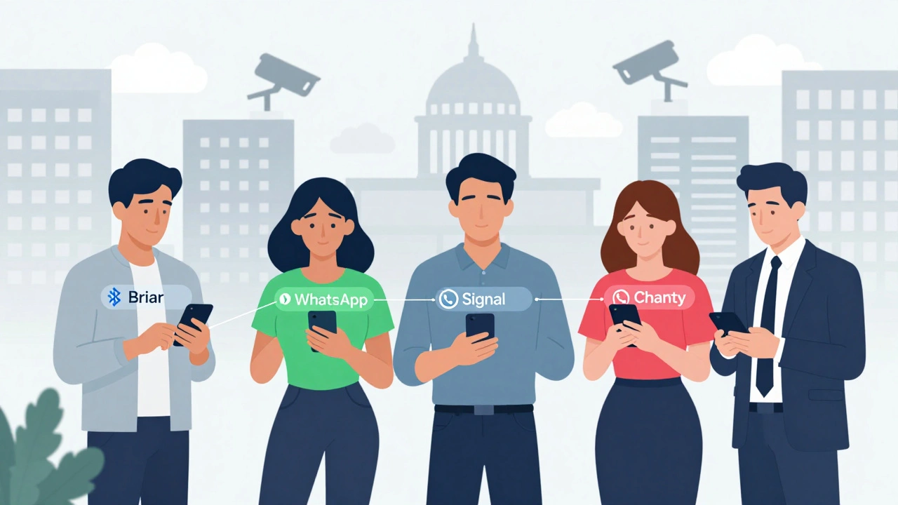 People in a city using secure messaging apps like Briar, Signal, and Chanty while surveillance looms in the background.