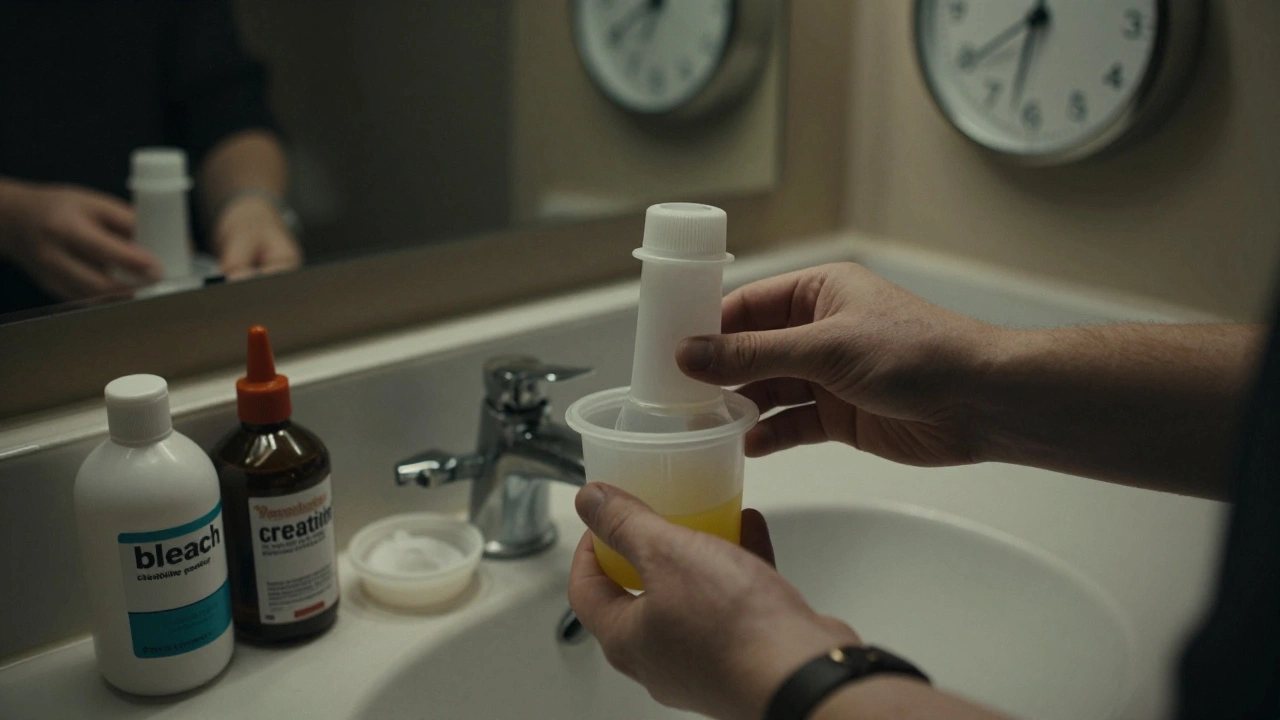 Person warming synthetic urine container in bathroom while clock ticks near collection time.