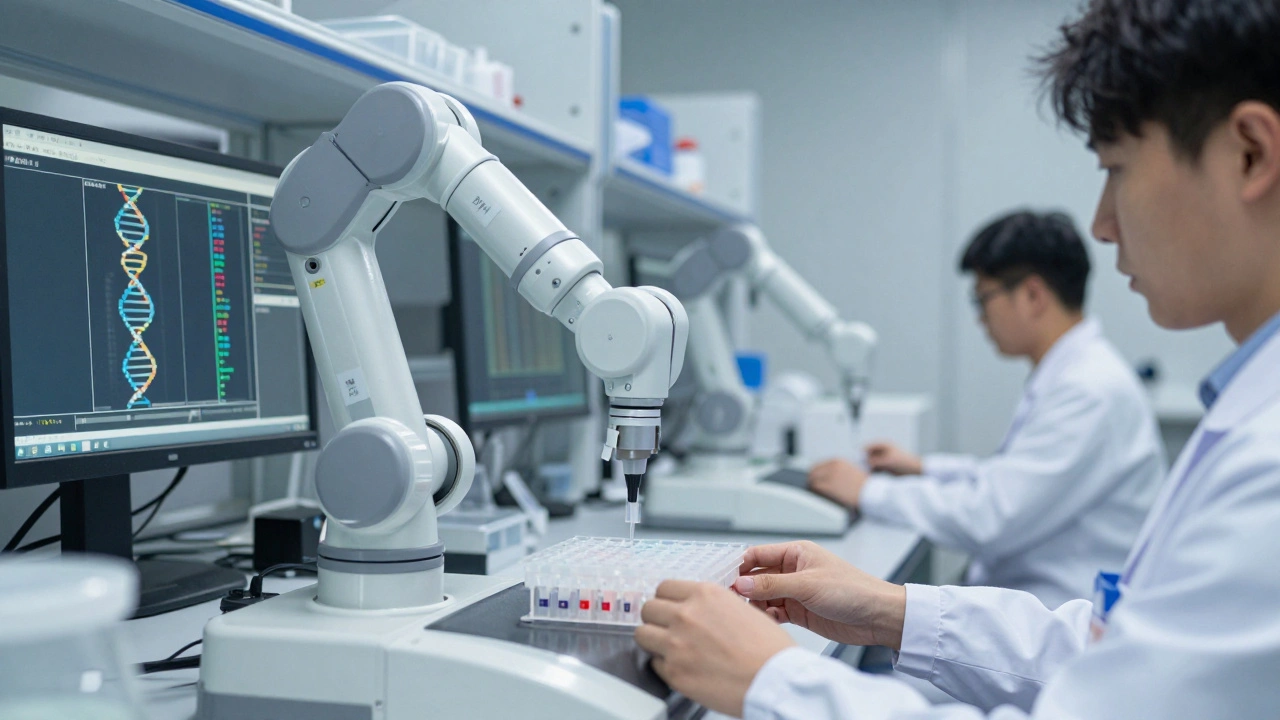 Robotic systems in a forensic lab processing DNA samples under sterile conditions.