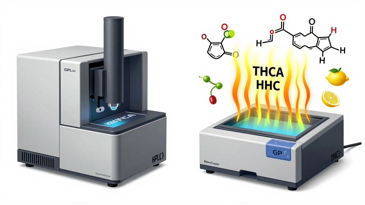 Side-by-side comparison of HPLC and GC testing methods with cannabinoid structures and heat effects.