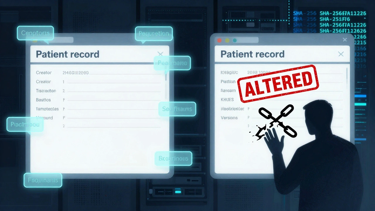 Split-screen showing a clean electronic record versus an altered one, with metadata tags and a broken chain of custody.
