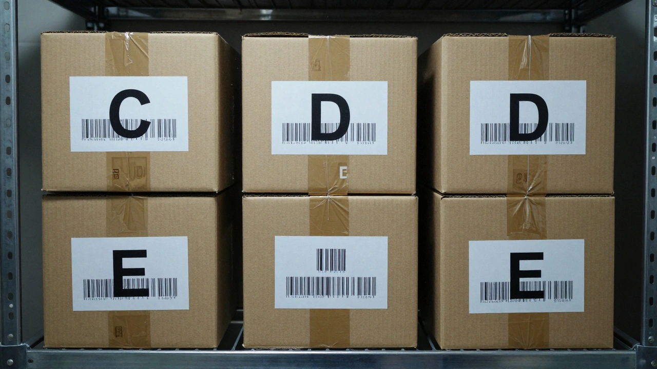 Standardized evidence boxes neatly labeled with barcodes and sealed tape on metal storage shelves.