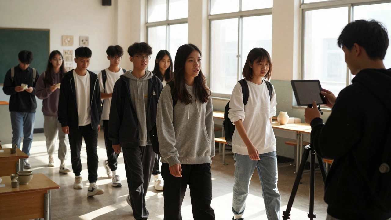 Students observing artworks while a peer photographs them with a tablet on a tripod.