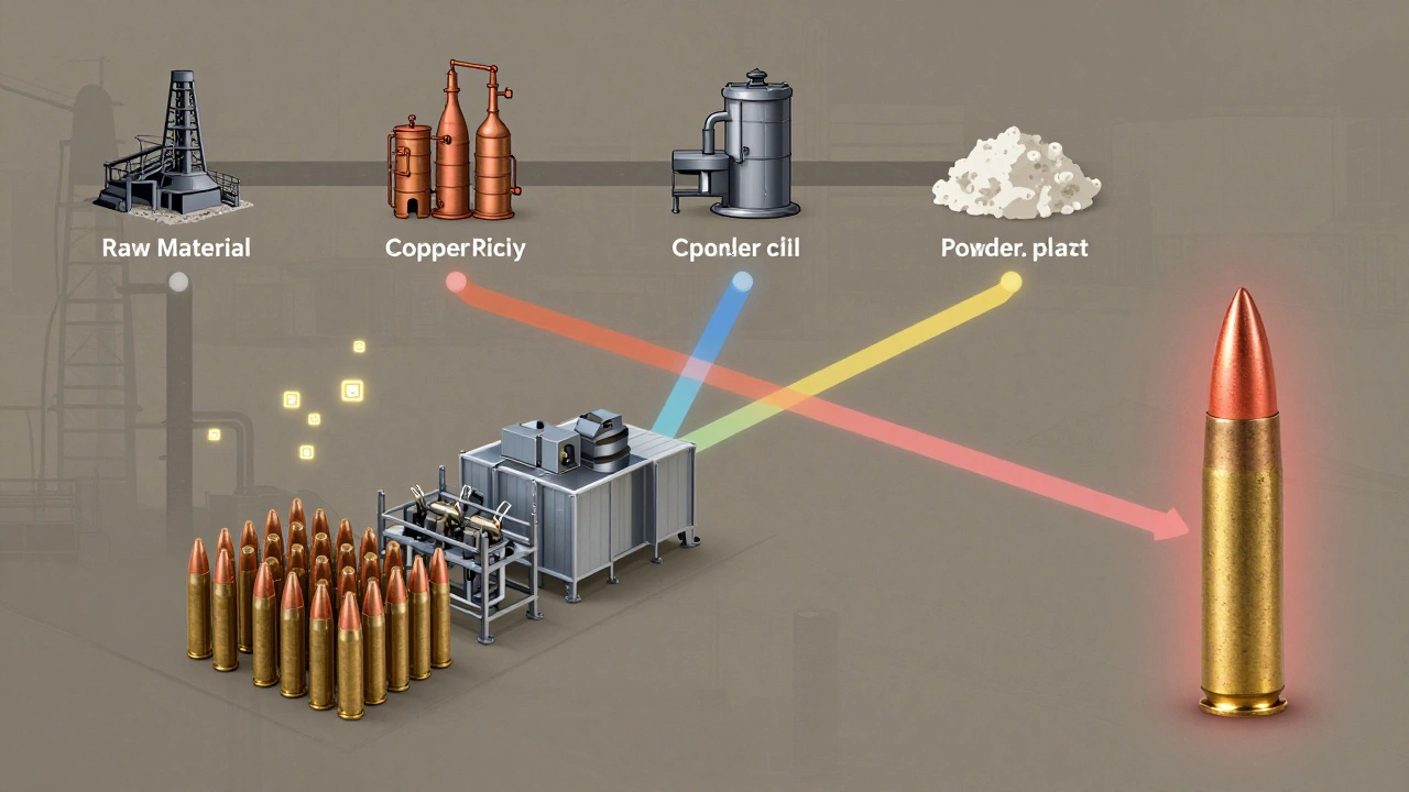 Supply chain flow showing raw materials converging into ammunition production with highlighted variability.
