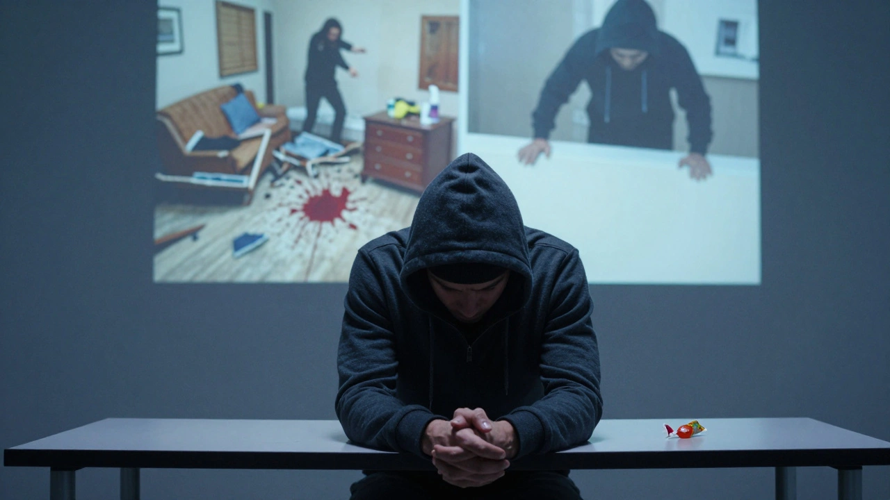 Suspect in interrogation room with projected images of chaotic and staged crime scenes behind them.