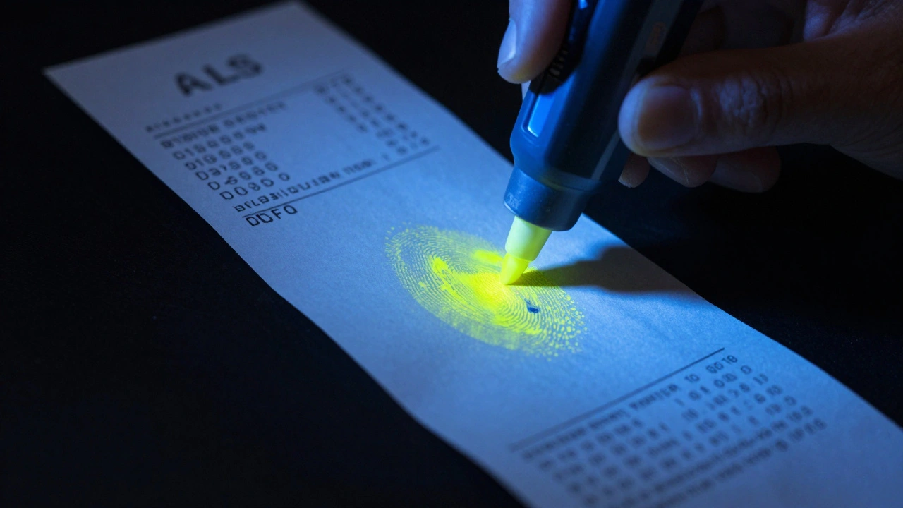 Technician spraying fluorescent dye on paper to develop a latent fingerprint.