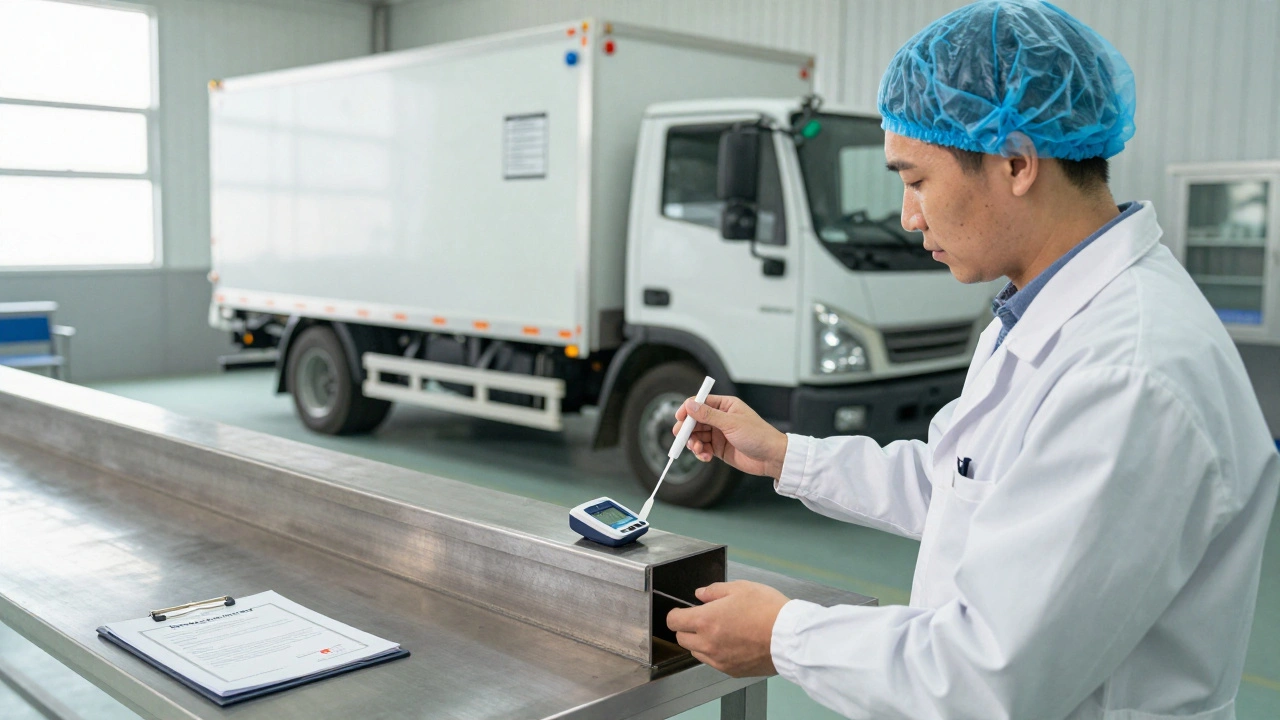 Technician testing surface cleanliness with ATP meter after industrial biohazard cleanup.