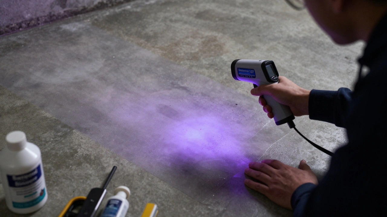 Technician using infrared camera to check cured odor sealant on concrete floor.