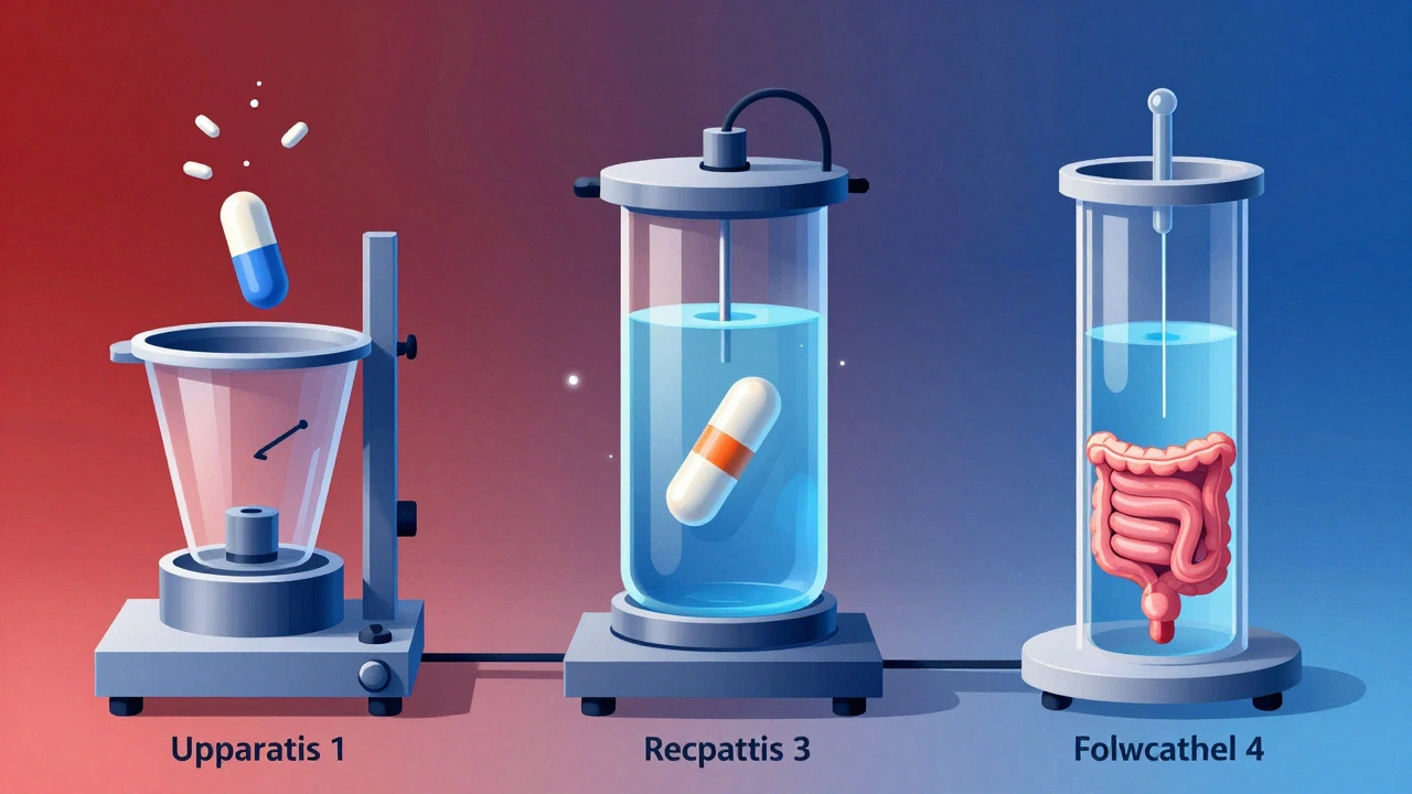 Three different dissolution apparatuses side by side, each simulating drug release under different conditions.