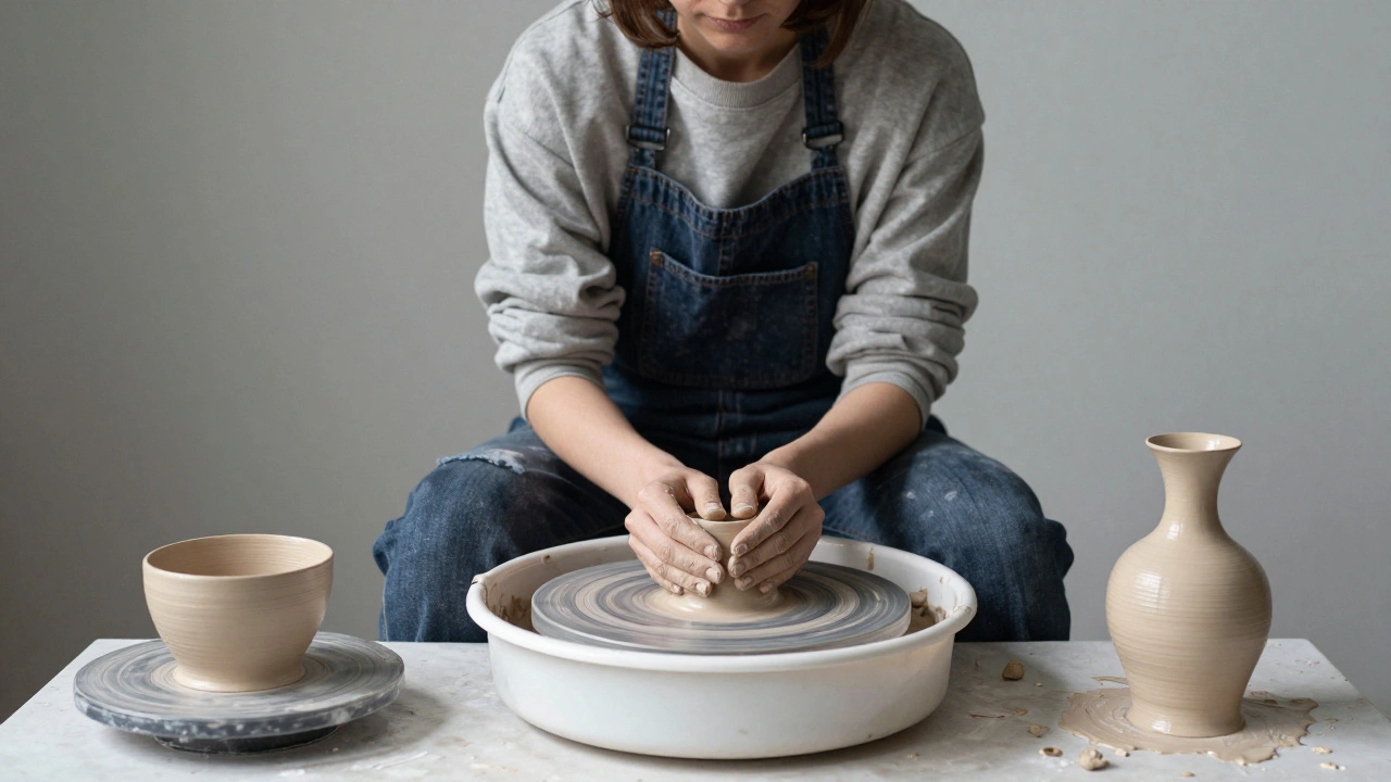 Three staged photos showing ceramic artwork progression from clay to glazed final piece.
