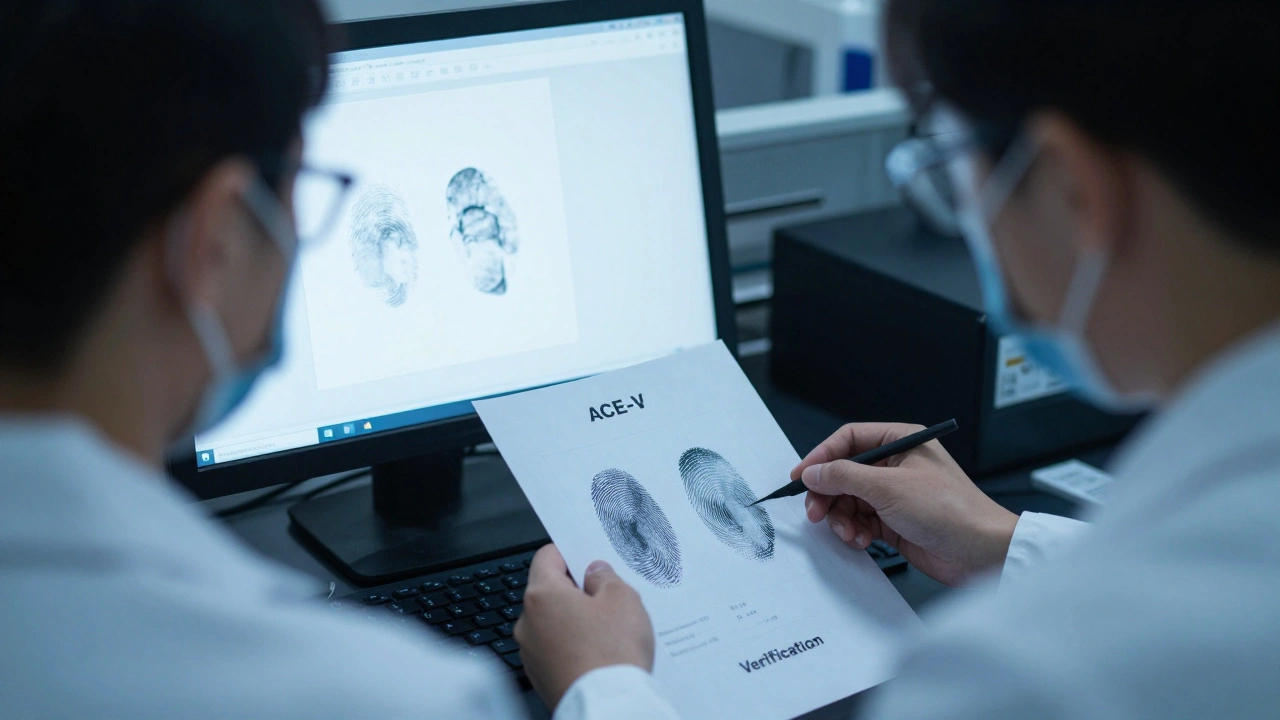 Two fingerprint analysts verifying print matches in a lab with ACE-V documentation visible.