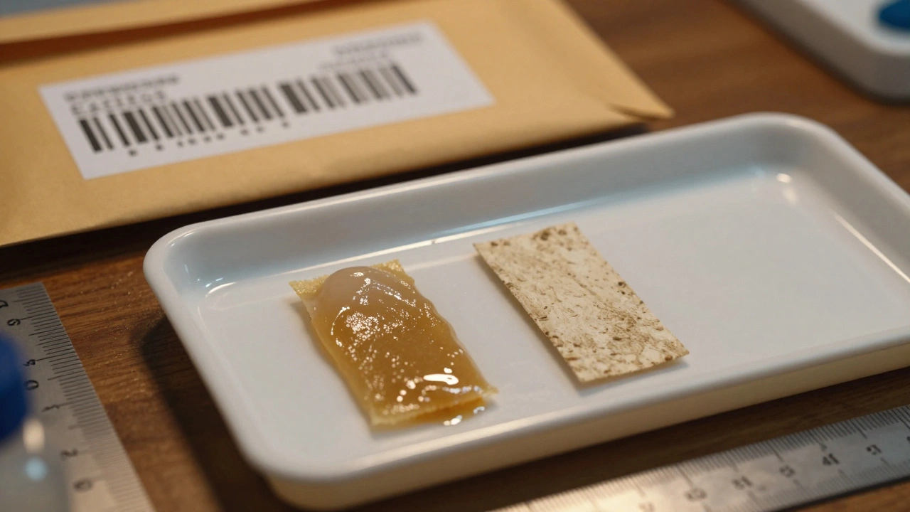 Two swabs side by side on a sterile tray with a paper evidence envelope.