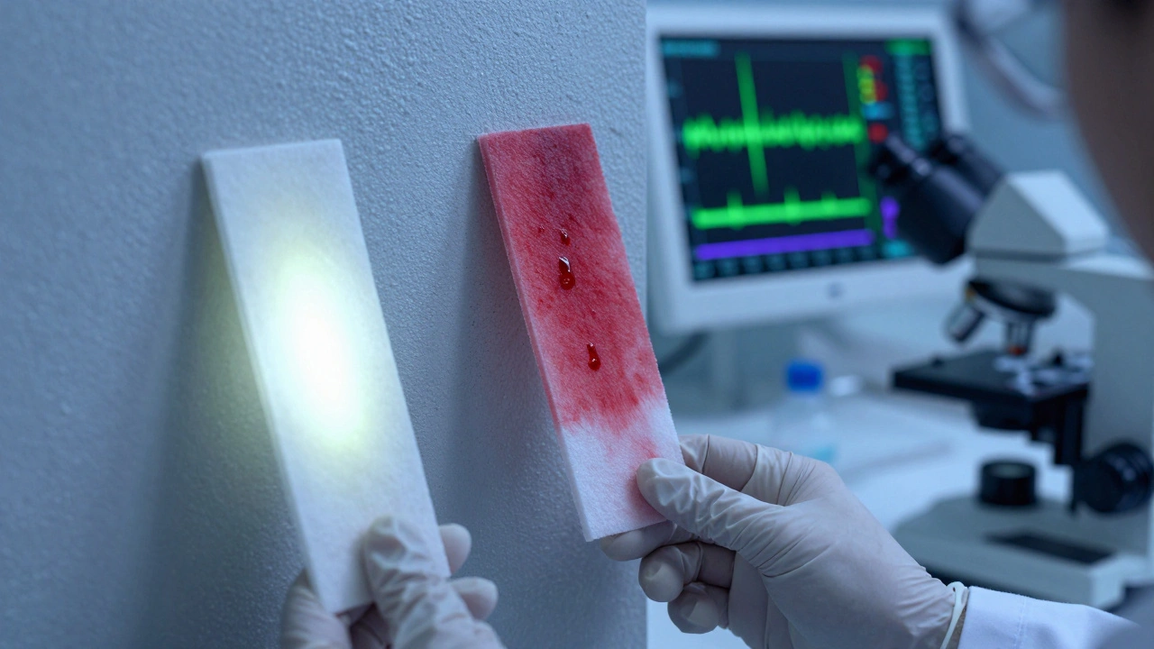 Two swabs side by side showing blood residue on bleach-treated drywall under UV light in a lab setting.