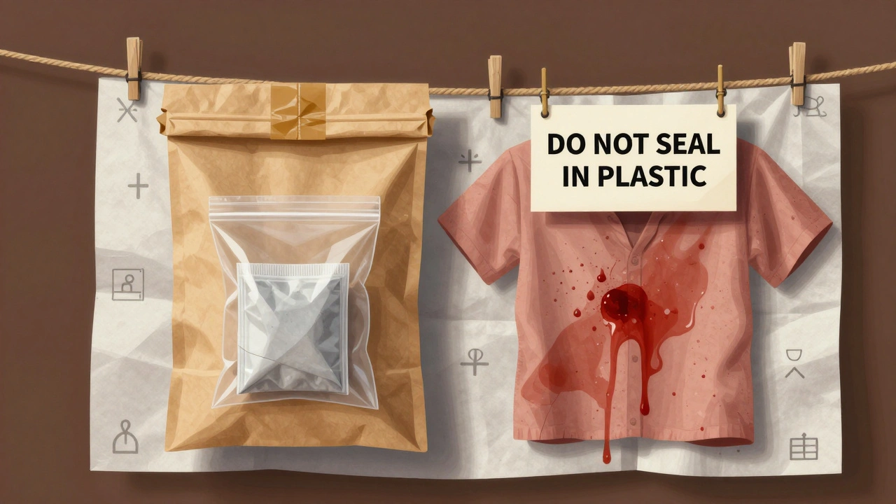 Wet biological evidence air-drying on paper beside a properly double-bagged dry item in evidence packaging.