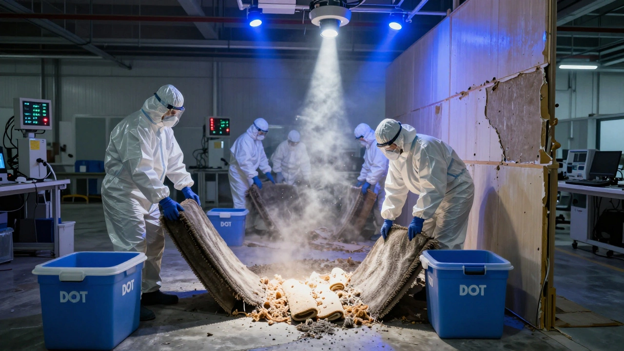 Workers in full PPE removing contaminated materials into labeled biohazard containers.