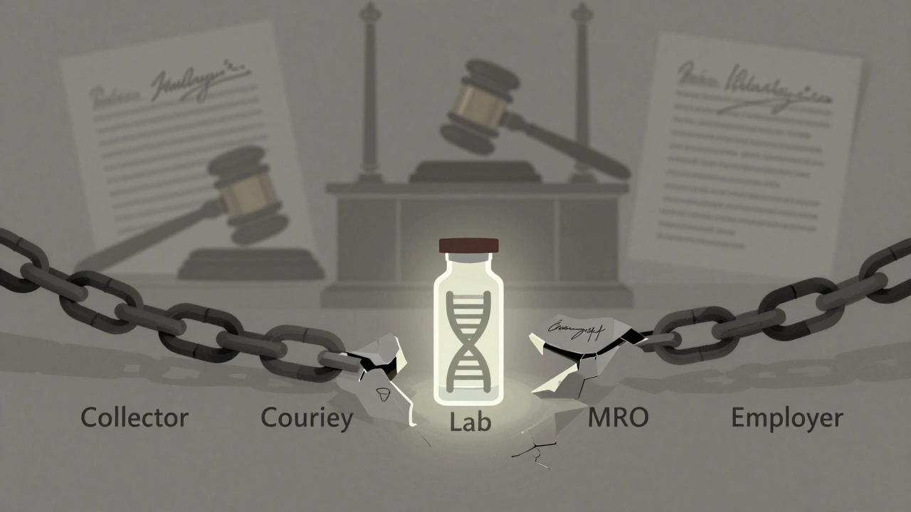 A broken chain symbolizes failed drug test procedures, with one intact link representing legal compliance.