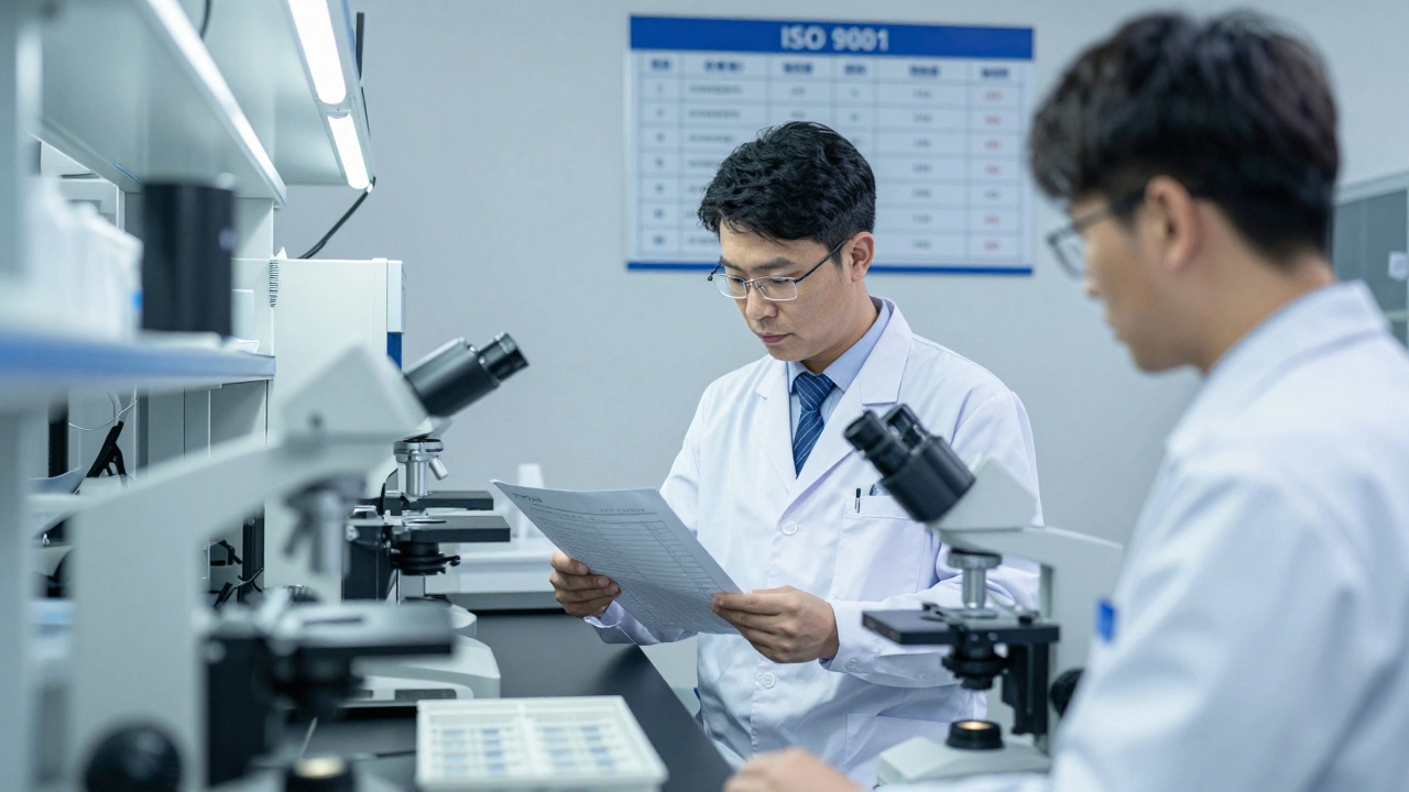 A certification auditor checks equipment logs in a lab, surrounded by precision tools, under strict quality control lighting.