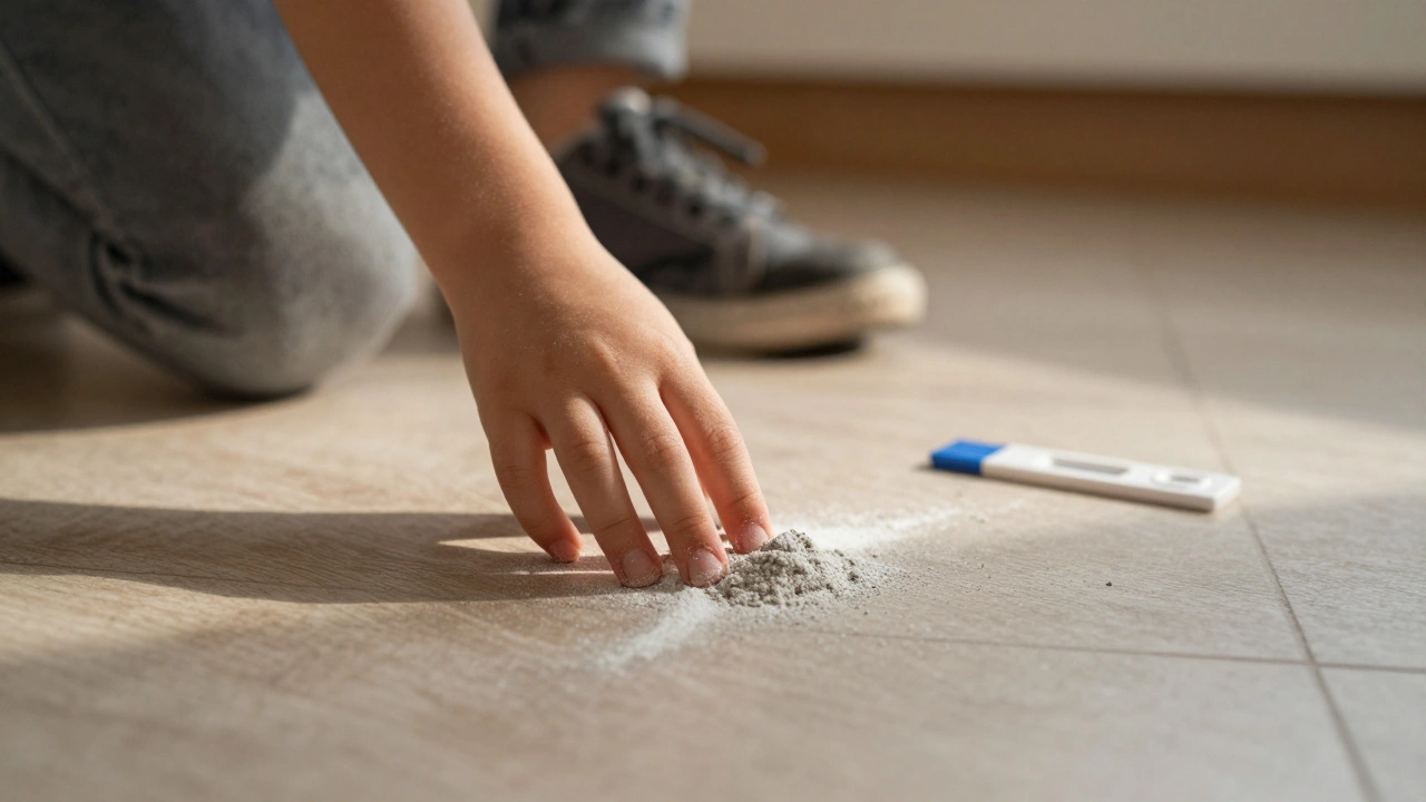 A child's hand reaching for glitter-like toxic powder on a kitchen floor.